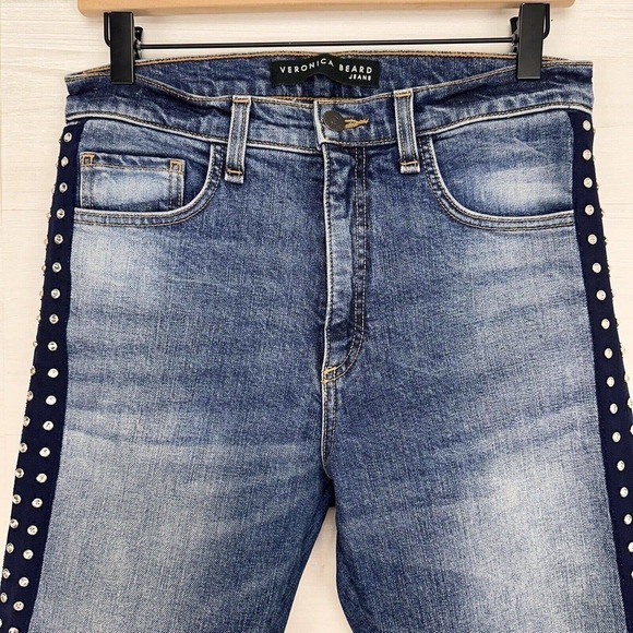 Veronica Beard Ines Cropped Straight-Leg Girlfriend Jeans 28 Blue Rhinestones - Picture 3 of 16